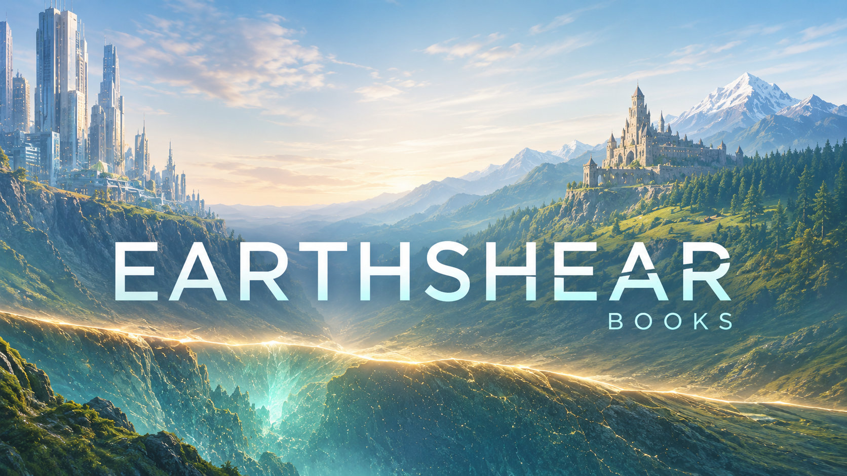 A bright city and a fantasy castle face each other across a mountain divide